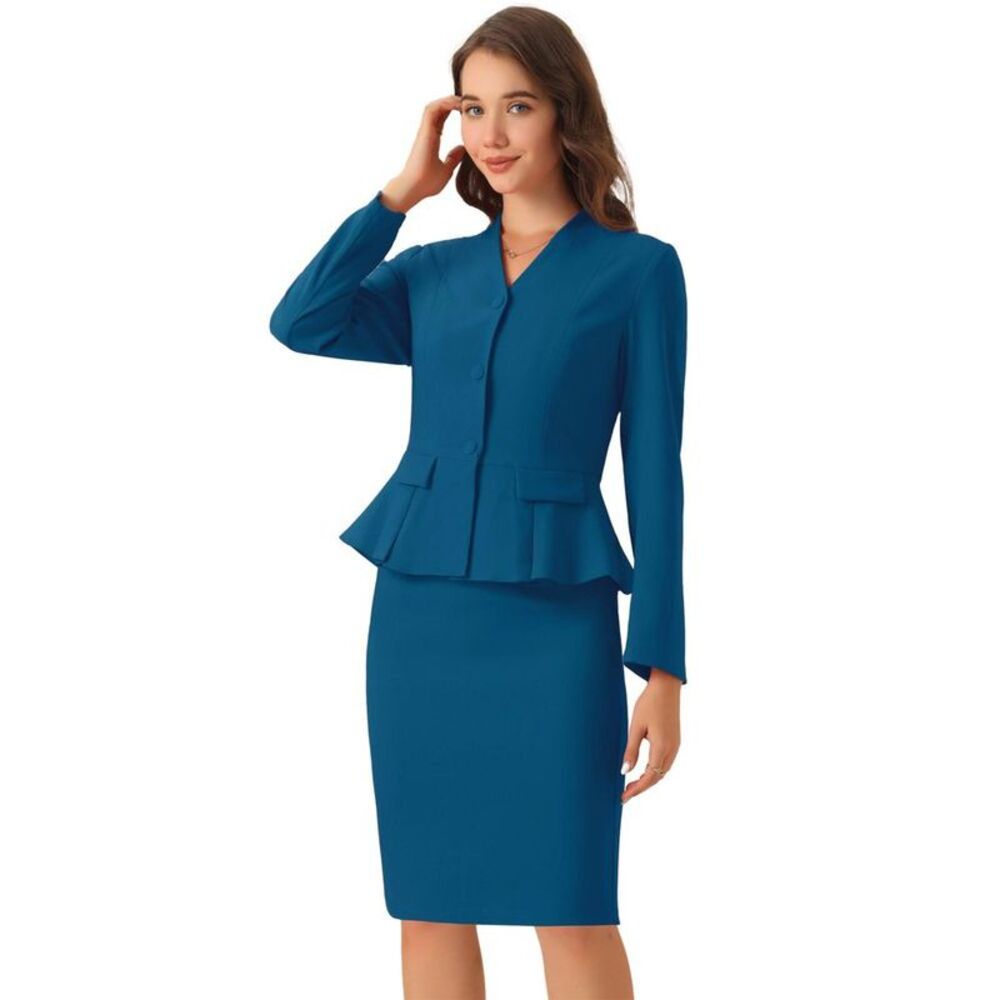 INSPIRE CHIC -  Women's Long Sleeve Collarless Peplum Blue